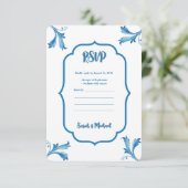 Klassischer minimalistischer blauer Blattfliesen-S Save The Date (Stehend Vorderseite)