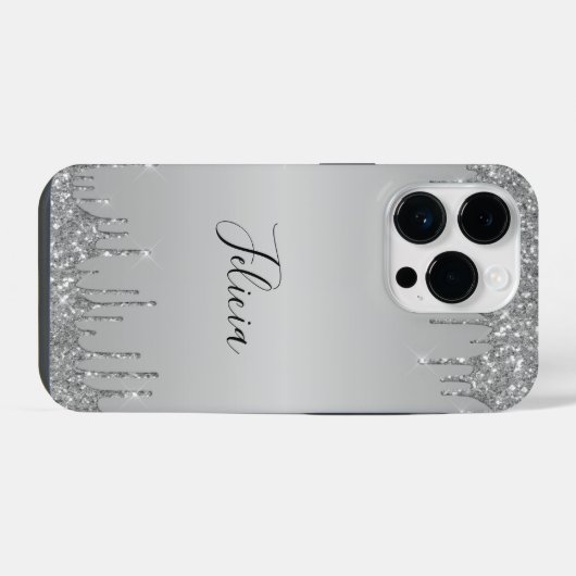 Klassischer Mit Monogramm Silver Dripped Glitzer iPhone Hülle (Rückseite (Horizontal))