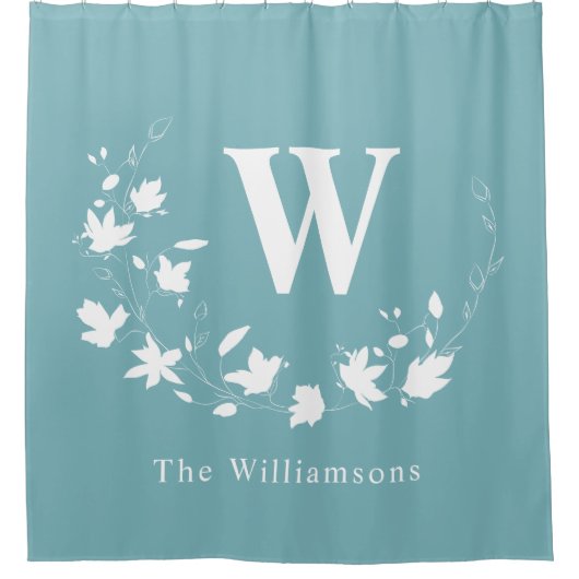 Klassischer Monogramm Name Aquamariner Blumenkranz Duschvorhang (Vorderseite)