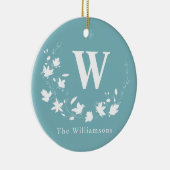 Klassischer Monogramm Name Aquamariner Blumenkranz Keramik Ornament (Rechts)