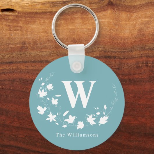 Klassischer Monogramm Name Aquamariner Blumenkranz Schlüsselanhänger (Vorderseite)