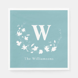 Klassischer Monogramm Name Aquamariner Blumenkranz Serviette