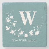 Klassischer Monogramm Name Aquamariner Blumenkranz Steinuntersetzer (Vorderseite)