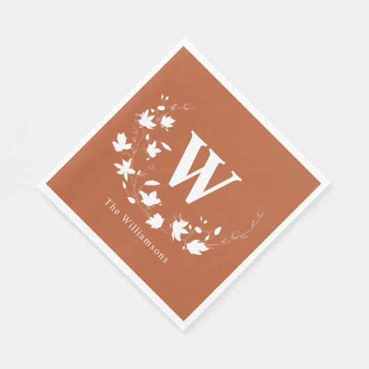 Klassischer Monogramm Name Blumendrang in Rost Serviette (Ecke)