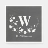 Klassischer Monogramm Name Schwarz-weißer Blumenkr Serviette (Vorderseite)