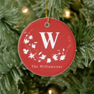Klassischer Monogramm- und Namens- Roter Blumenkra Keramik Ornament