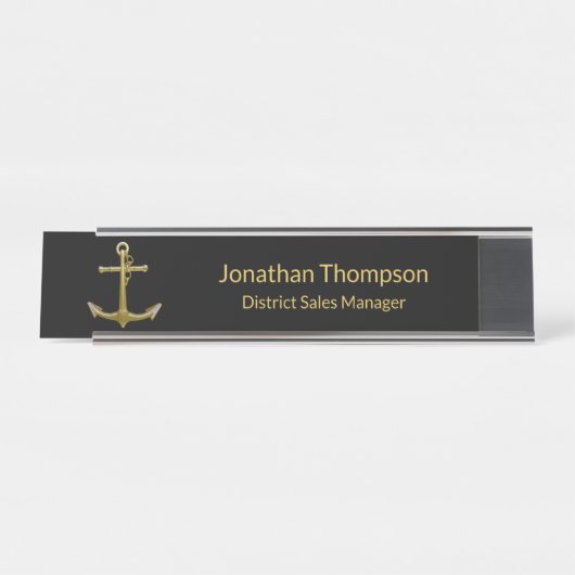 Klassischer, nautischer Goldanker auf schwarz Schreibtischnamensplakette (Vorderseite )