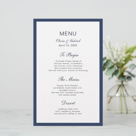 Klassischer Navy Blue Frame. Hochzeitsmenü (Stehend Vorderseite)