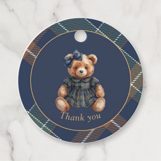 Klassischer Navy-Karobär Teddybär Mädchen-Geburtst Geschenkanhänger (Vorderseite)