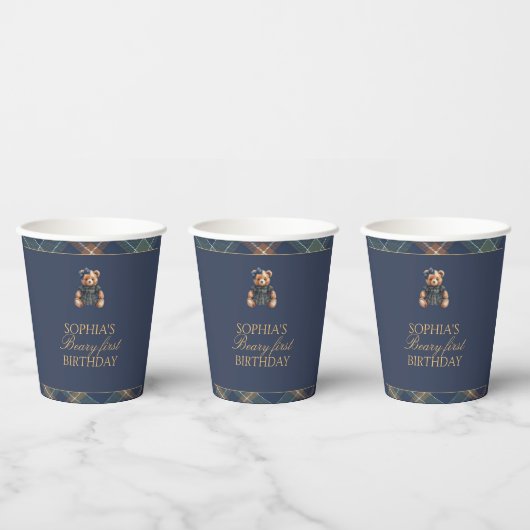 Klassischer Navy-Karobär Teddybär Mädchen-Geburtst Pappbecher (Multi)