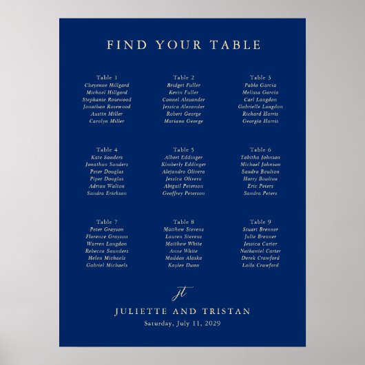 Klassischer Navy- und Creme-Hochzeitssitzplan Poster (Vorne)