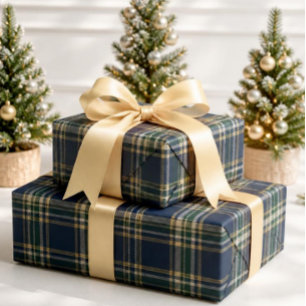 Klassischer Navy- und Waldgrün-Weihnachts-Tartan-K Geschenkpapier