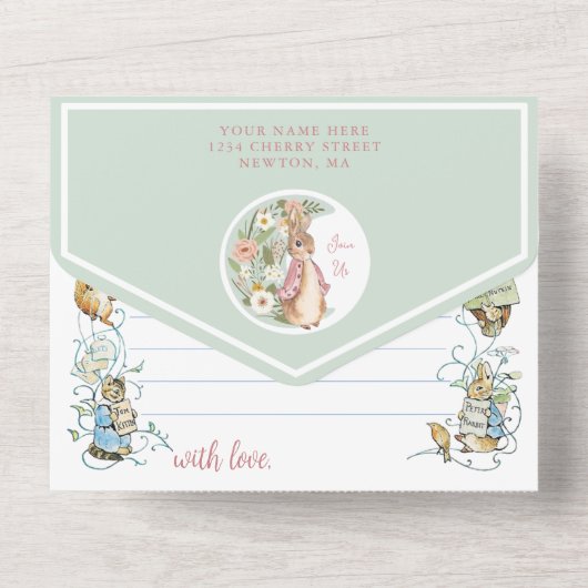 Klassischer Peter die Kaninchendusche All In One Einladung (Rückseite)