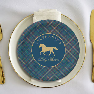 Klassischer Pferde-Reit-Tartan-Karo Baby Shower Pappteller