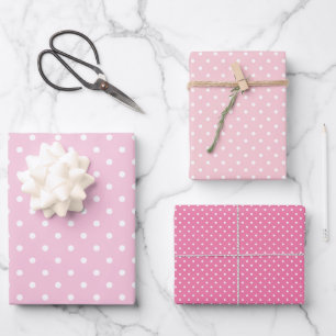 Klassischer Polka-Punkt Weiß - 3 Rosa Geschenkpapier Set