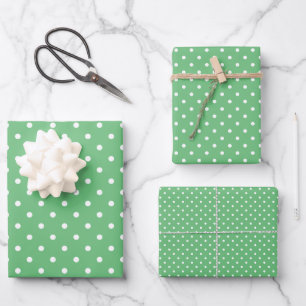 Klassischer Polka-Punkt Weiß - Sommergrün Geschenkpapier Set
