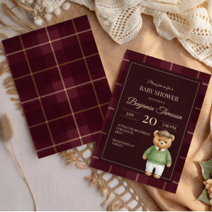 Klassischer Polo-Teddybär-Eleganter-Karo-Baby-Part Einladung