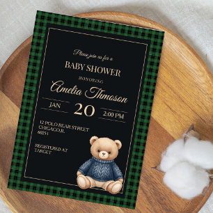 Klassischer Polo-Teddybär-Eleganter-Karo-Babyparty Einladung