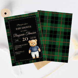 Klassischer Polo-Teddybär-Eleganter-Karo-Babyparty Einladung