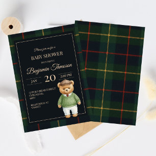 Klassischer Polo-Teddybär-Eleganter-Karo-Babyparty Einladung