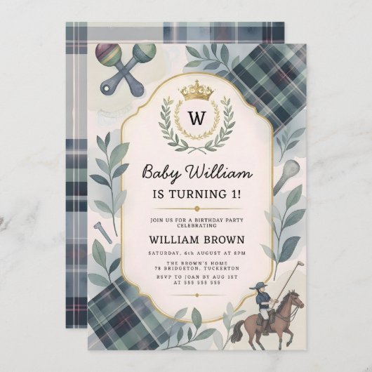 Klassischer Preppy Charm 1. Geburtstag Einladung (Vorne/Hinten)