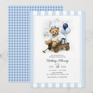 Klassischer Preppy-Teddybär Blau Gingham Geburtsta Einladung