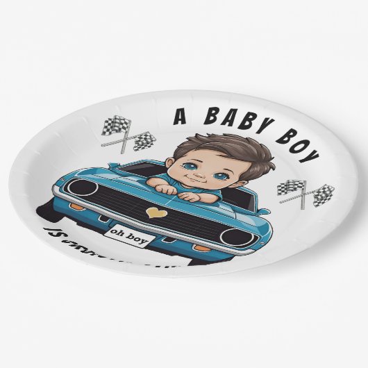 Klassischer Race Car Baby Boy Cruisin' in Dusche Pappteller (Schrägansicht)