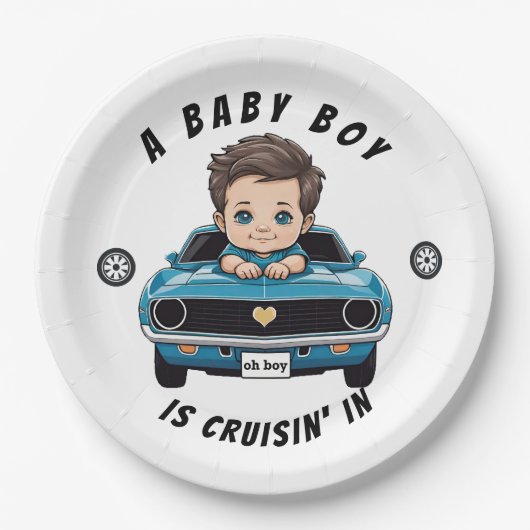Klassischer Race Car Baby Boy Cruisin' in Dusche Pappteller (Vorderseite)