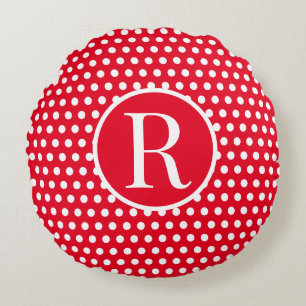 Klassischer Red Custom Anfangsbuchstabe Polka Dot Rundes Kissen