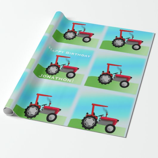 Klassischer Red Traktor "Happy Birthday, Name" Geschenkpapier (Ungerollt)