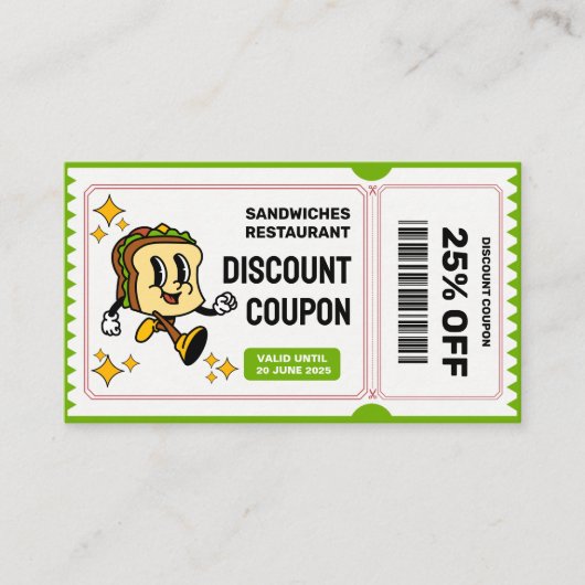 Klassischer Retro-Quirky-Cartoon Sandwich-Charakte Rabattkarte (Vorderseite)