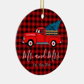 Klassischer Retro-roter Lieferwagen-LKW kariert sc Keramik Ornament (Rechts)