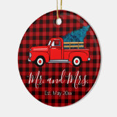 Klassischer Retro-roter Lieferwagen-LKW kariert sc Keramik Ornament (Links)