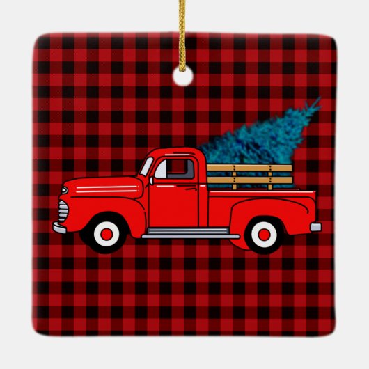 Klassischer Retro-roter Lieferwagen-LKW kariert sc Keramikornament (Rückseite)