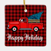 Klassischer Retro-roter Lieferwagen-LKW kariert sc Keramikornament (Vorderseite)