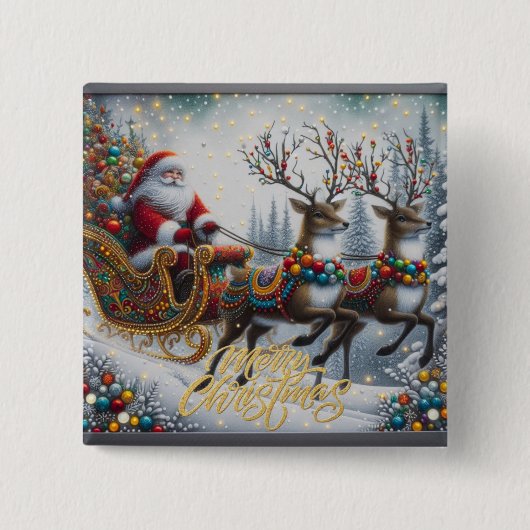 Klassischer/Retro-Weihnachtsmann & Rentiere Button (Vorderseite)