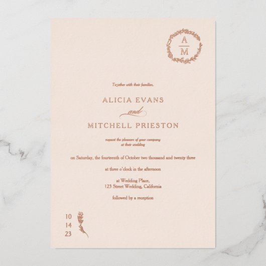 Klassischer Rosa-Monogramm-Hochzeitsbogen Folieneinladung (Vorderseite)