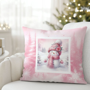 Klassischer Rosa Schneemann Winterlandschaft Kinde Kissen