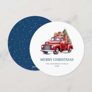 Klassischer roter LKW, blaue Weihnachtskarte Feiertagskarte