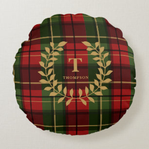 Klassischer roter Weihnachtskariert mit Monogramm- Rundes Kissen