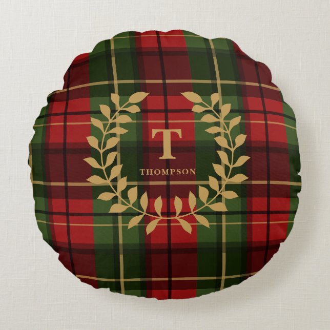 Klassischer roter Weihnachtskariert mit Monogramm- Rundes Kissen (Vorderseite)