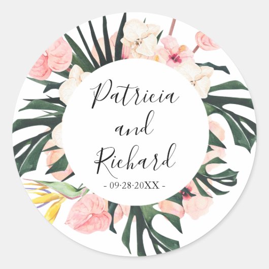 Klassischer Rundaufkleber der tropischen Hochzeit  Runder Aufkleber (Vorderseite)