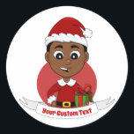 Klassischer Rundaufkleber für Weihnachtsjunge Cart Runder Aufkleber<br><div class="desc">Weihnachtsaufkleber mit einer Illustration eines niedlich lächelnden afroamerikanischen Jungen mit kurzem schwarzem Haar trägt der Junge ein Weihnachtskostüm mit einem roten Hut und hält ein Geschenk; in einem roten Kreis auf weißem Hintergrund ein Weihnachtsferien-Design mit einer bearbeitbaren Textvorlage für Ihren Namen oder Ihre Botschaft</div>