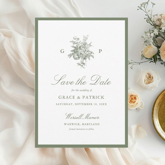 Klassischer Salbeigrüner Monogramm-Hochzeit-Save-t Save The Date