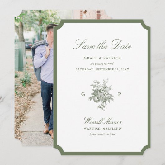 Klassischer Salbeigrüner Monogramm-Hochzeit-Save-t Save The Date (Vorne/Hinten)