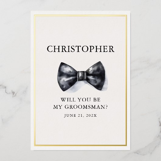 Klassischer Schwarz-Weiß-Bow-Krawatte-Trauzeuge Folieneinladung (Vorderseite)