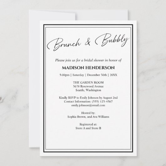 Klassischer Schwarz-Weiß-Brautparty Brunch Einladung (Vorderseite)