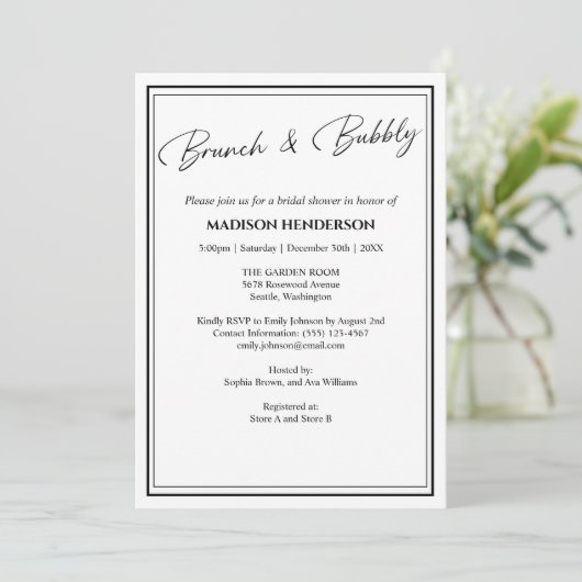 Klassischer Schwarz-Weiß-Brautparty Brunch Einladung (Stehend Vorderseite)