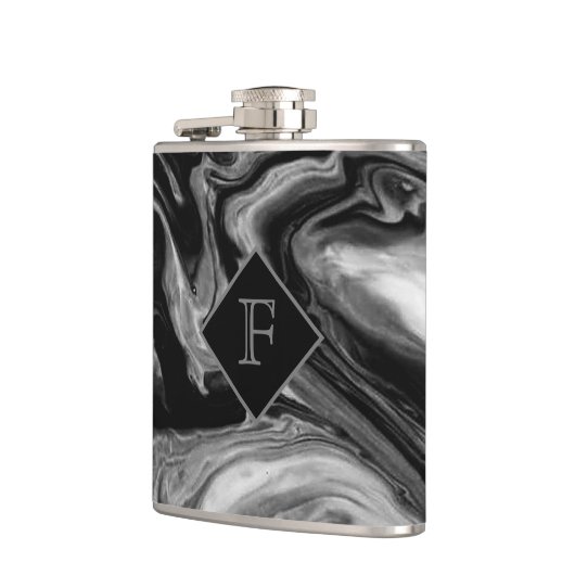 Klassischer Schwarz-Weiß-Marmor Mit Monogramm Flachmann (Links)