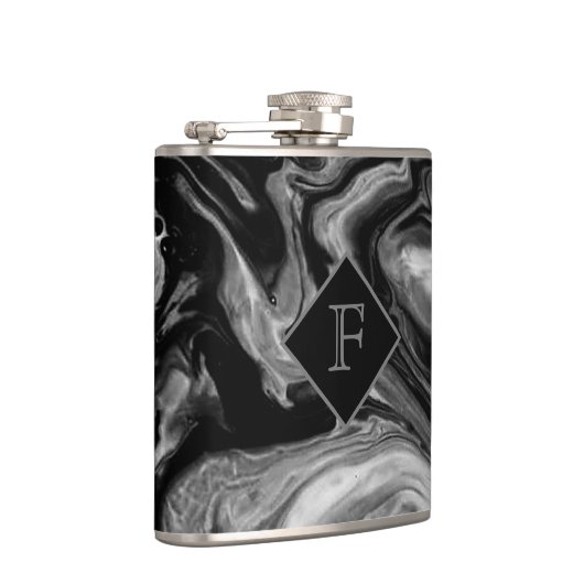 Klassischer Schwarz-Weiß-Marmor Mit Monogramm Flachmann (Rechts)